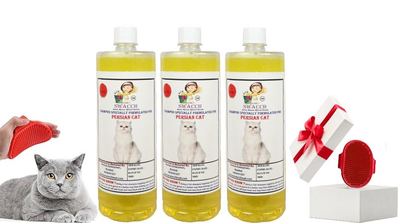 Swacch Persian Cat Shampoo -1 Litre (Pack of 3) (Lemon) + Bath Brush with Adjustable Straps Combo Pack - Image 1