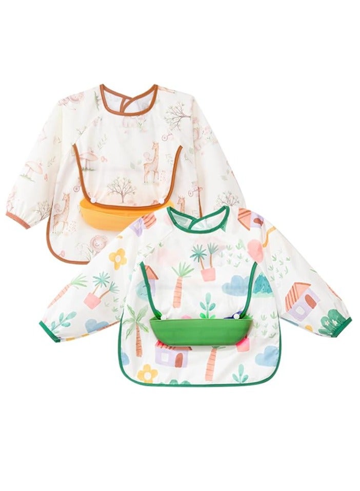 إي سي في في مريلة طعام للأطفال بأكمام طويلة من ECVV، قطعتان، مقاومة للفوضى، مع مصيدة طعام، مقاومة للماء، بنمط كرتوني لطيف، مريلة طعام للأطفال الصغار، مقاس واحد - Image 1