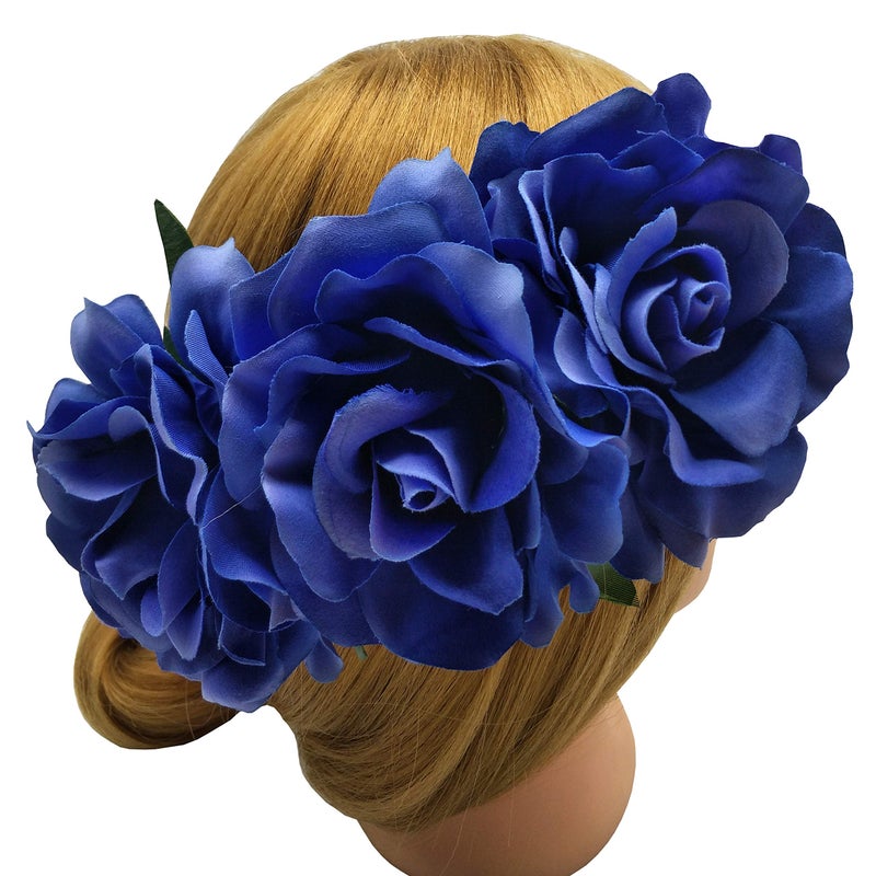 Sanrich 4pcs/pack Fabric Rose Hair Flowers Clips Mexican Hair Flowers Blue Hairpin Brooch Headpieces (royal blue) - Image 5