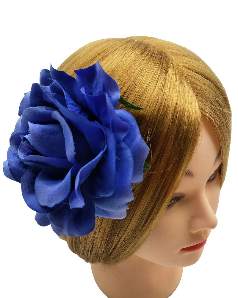 Sanrich 4pcs/pack Fabric Rose Hair Flowers Clips Mexican Hair Flowers Blue Hairpin Brooch Headpieces (royal blue) - Image 2