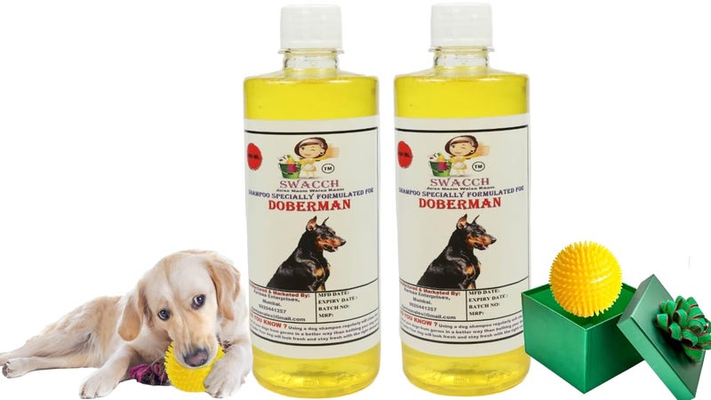 swacch Shampoo | Puppy Safe Shampoo | PH Balanced | Ditch to Itch for Doberman Dog Shampoo 500ml Pack of 2 (Lemon) + Spike Ball Chew Toy Combo Pack - Image 1