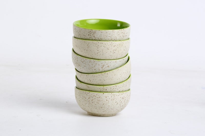 Caffeine Ceramic Handmade White & Green Dining Bowl (Set of 6) - Image 2