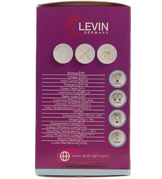 Levin Germany 9W LED Bulb E27 Cool White 6500K Energy Saving Light Bulb Bright 800 Lumens Long Lasting Lamp for Home Office Lighting Low Power Consumption LED Lighting Solution - Image 3