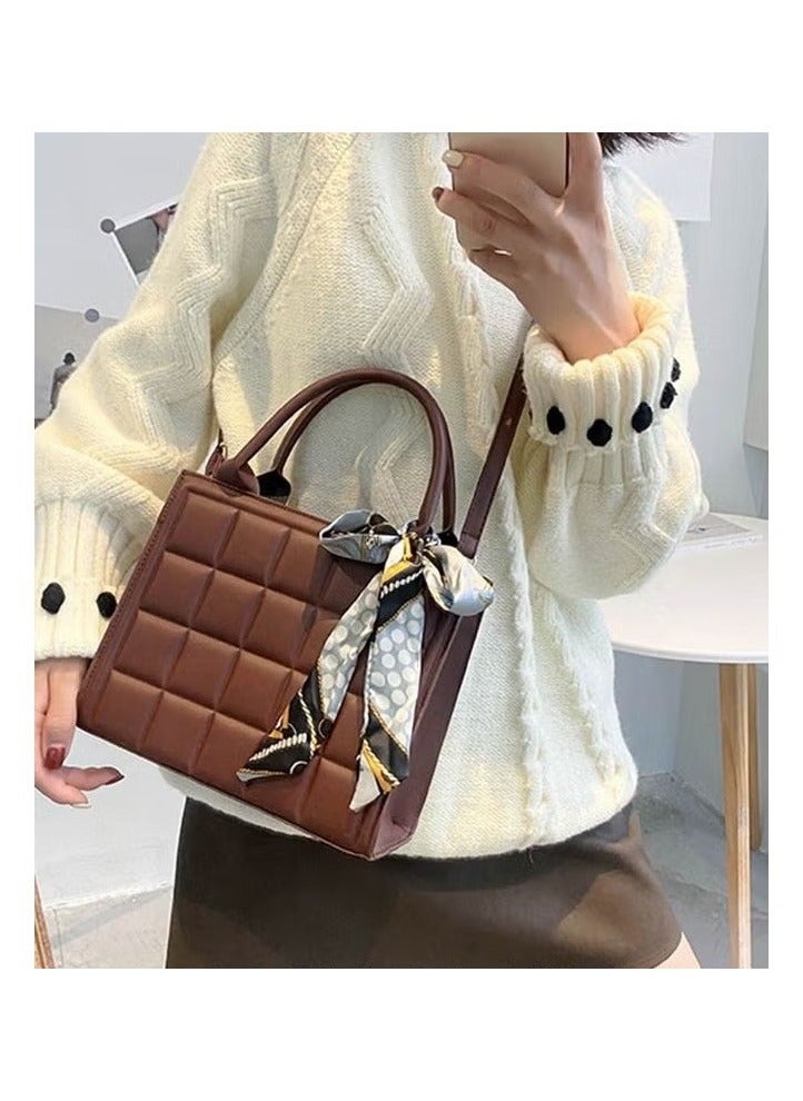 Solid Geo Embossed Ribbon Decoration Square Bag Womens Minimalist Textured Satchel Bag Stitch Detail Top Zip Closure Handbag Messenger Bag - Image 2