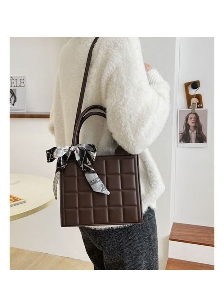 Solid Geo Embossed Ribbon Decoration Square Bag Womens Minimalist Textured Satchel Bag Stitch Detail Top Zip Closure Handbag Messenger Bag - Image 4