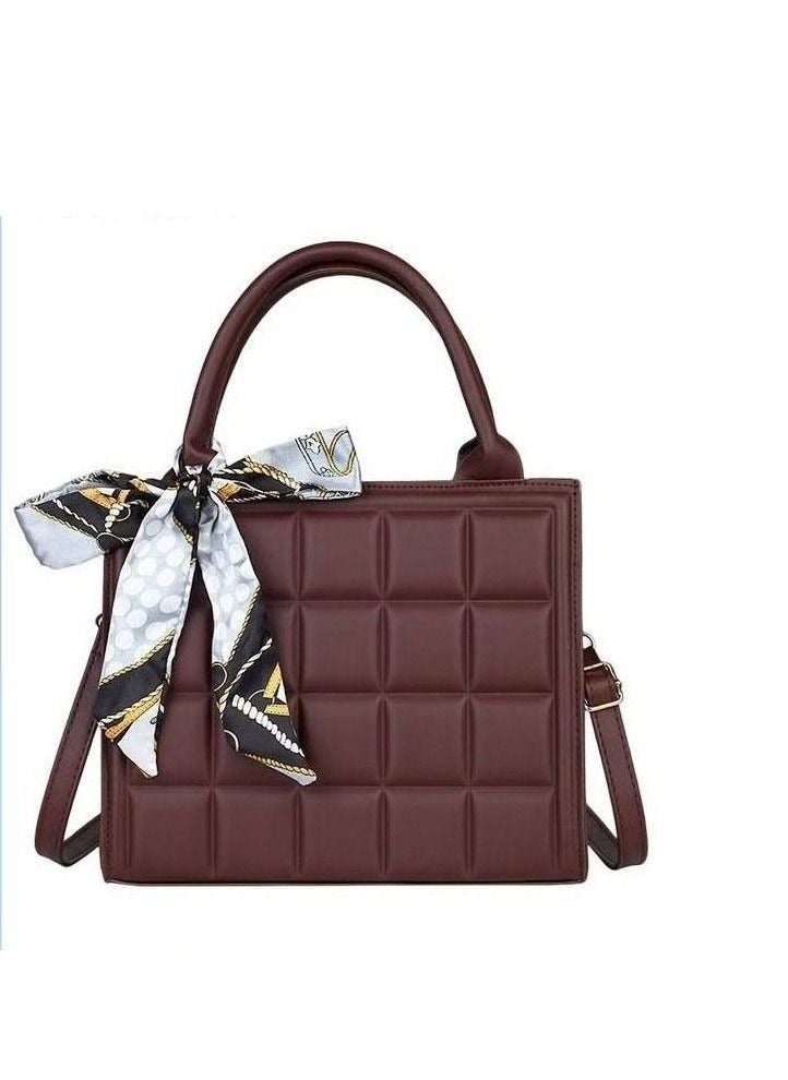 Solid Geo Embossed Ribbon Decoration Square Bag Womens Minimalist Textured Satchel Bag Stitch Detail Top Zip Closure Handbag Messenger Bag - Image 1