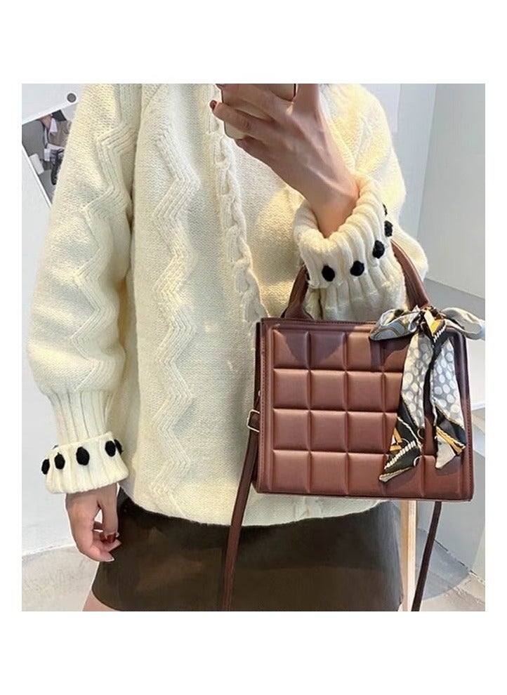 Solid Geo Embossed Ribbon Decoration Square Bag Womens Minimalist Textured Satchel Bag Stitch Detail Top Zip Closure Handbag Messenger Bag - Image 3
