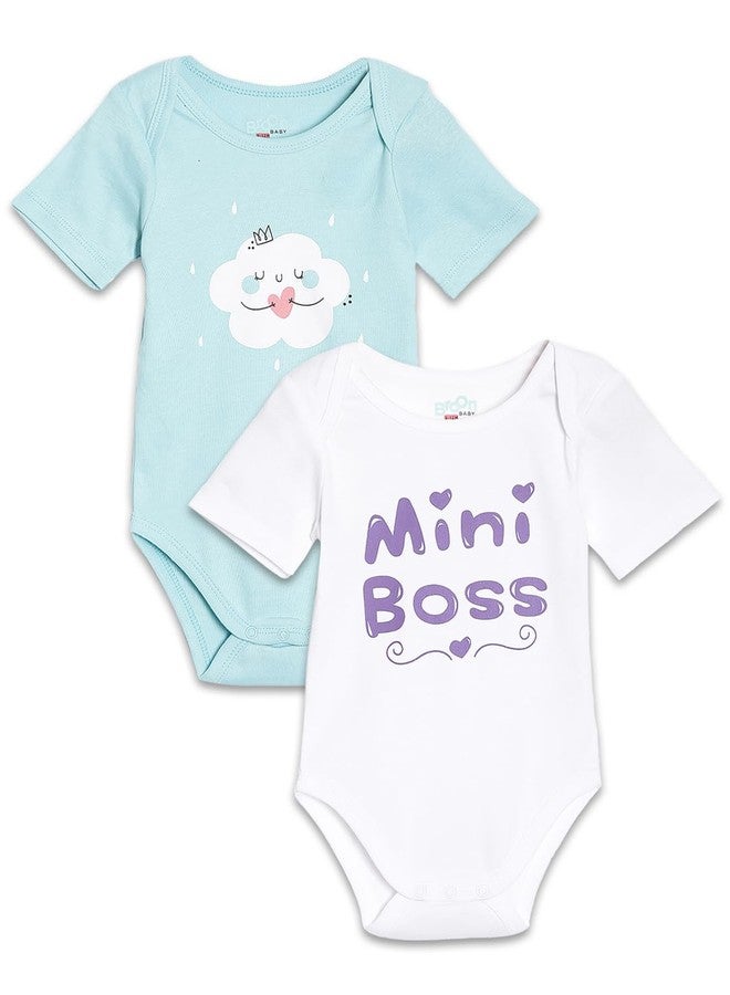 Broon Boys & Girls White and Sea Blue Printed Rompers | Premium Organic Cotton | Short Sleeves with Print and Embroidery | Infant Wear | Chemical Free | Pack of 2 - Image 1
