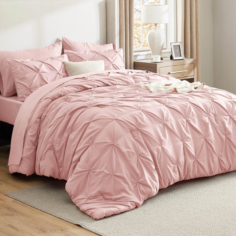 Bedsure Bedsure Full Comforter Set Pink  Bed in a Bag Full Size 7 Pieces GentleSoft Pintuck Bed Set Gift for Family Pinch Pleat Pink Comforter with Sheets Pillowcases  Shams 