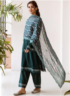 ISHIN Women's Green 100% Cotton Embellished Tunic Full Length Casual Straight Fit Kurta Set  - Image 3