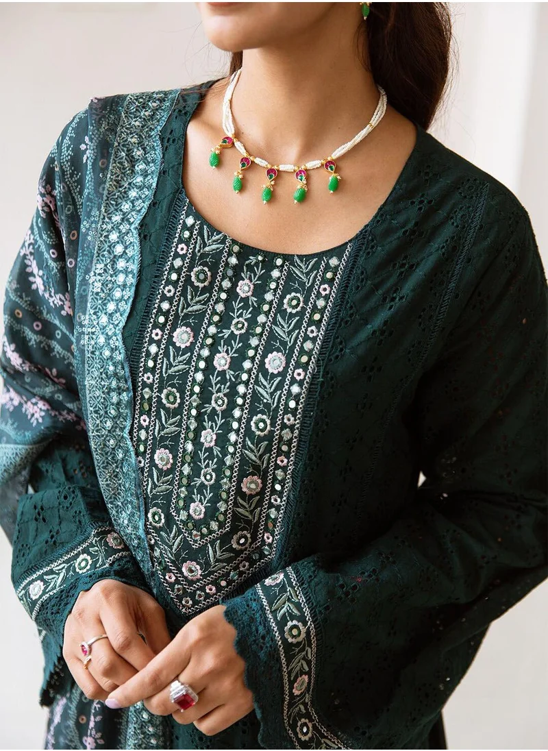 آي شين Women's Green 100% Cotton Embellished Tunic Full Length Casual Straight Fit Kurta Set