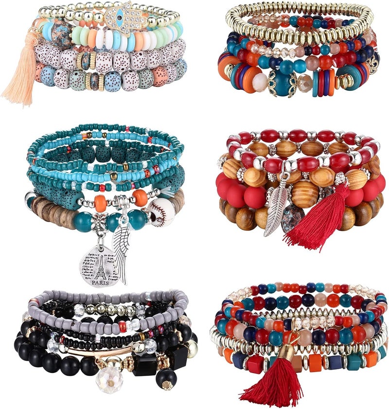 Excefore Bohemian Stackable Bead Bracelets, 6 Sets Stretch Beaded Bracelets Multi-Color Boho Jewelry for Women Multilayer Bracelet Boho - Image 1