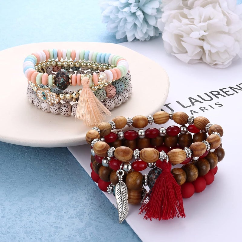 Excefore Bohemian Stackable Bead Bracelets, 6 Sets Stretch Beaded Bracelets Multi-Color Boho Jewelry for Women Multilayer Bracelet Boho - Image 3
