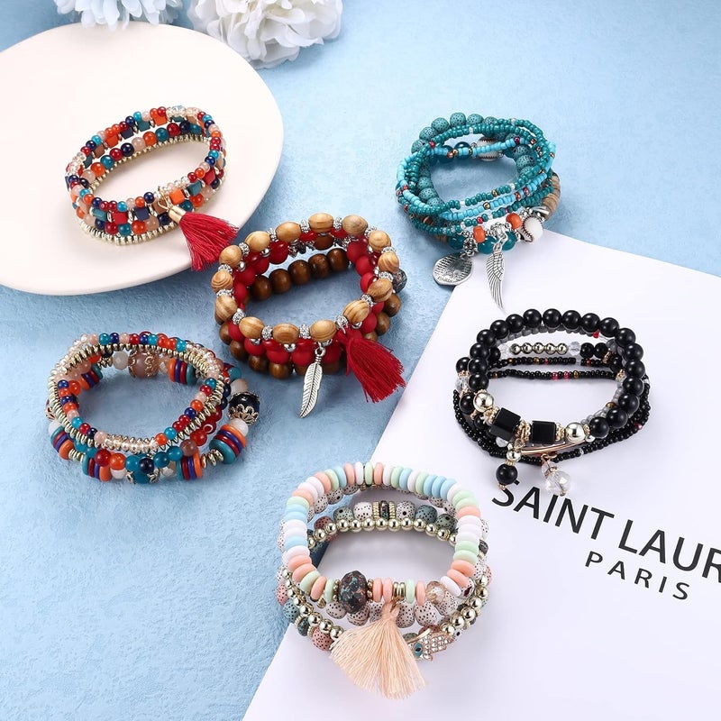 Excefore Bohemian Stackable Bead Bracelets, 6 Sets Stretch Beaded Bracelets Multi-Color Boho Jewelry for Women Multilayer Bracelet Boho - Image 2
