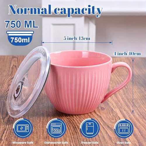 Hoilse Ceramic Soup Mug with Lid, 24oz Large Soup Cup with Handle, Microwave Soup Bowl for Breakfast Cereal, Oatmeal, Overnight Oats, Coffee, Salad, Dishwasher Safe,Housewarming Wedding Gift (Pink) - Image 2