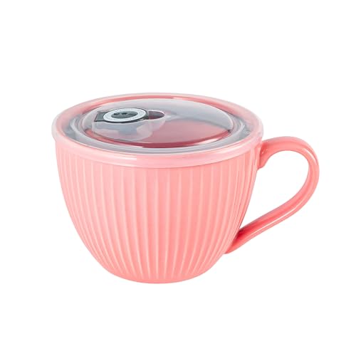 Hoilse Ceramic Soup Mug with Lid, 24oz Large Soup Cup with Handle, Microwave Soup Bowl for Breakfast Cereal, Oatmeal, Overnight Oats, Coffee, Salad, Dishwasher Safe,Housewarming Wedding Gift (Pink) - Image 1