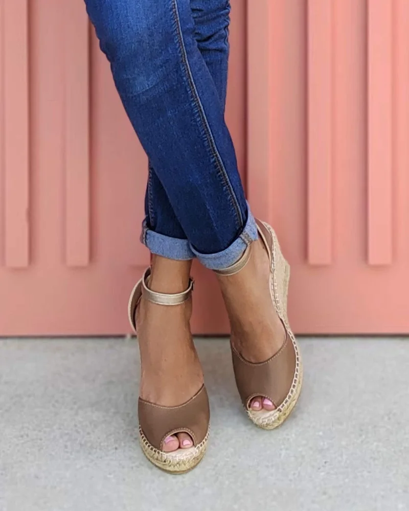 SHOEQ Bronzed Mocha Peep Toe Espadrille Wedge for Women | Best Price UAE