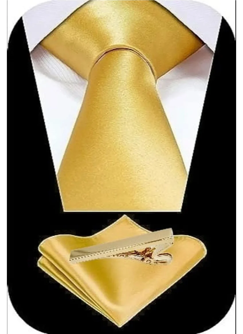 Tezzgelsin Men's Satin Tie Handkerchief and Gold Steel Tie Clip Set