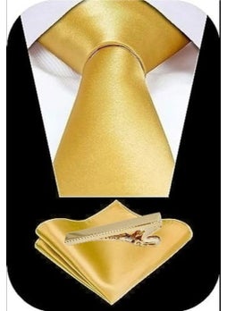 Tezzgelsin Men's Satin Tie Handkerchief and Gold Steel Tie Clip Set  - Image 1