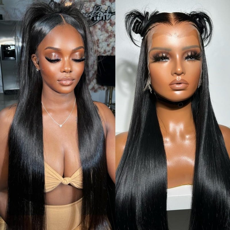 Miss Flower 13x6 Glueless Pull Go Wigs With Drawstring 250 Density Hidden Strap Snug Fit Ultrathin Invisible Lace Wig Pre Plucked Pre Cut Lace 26Inch Straight Frontal Wigs Human Hair For Women