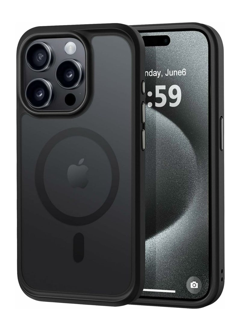 Denx Matte Magnetic case for iPhone 15pro, Grade Drop Protection with Shockproof Strip, Translucent Matte Back Phone Case (Black)  - Image 1