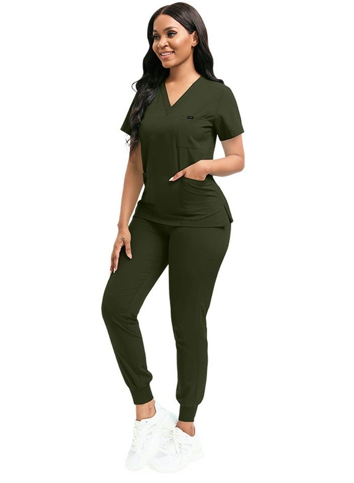 Loquat Medical Uniform Scrubs 2 Piece Set V-Neck Top and Elastic Waist Jogger Pants Suit Army Green 
