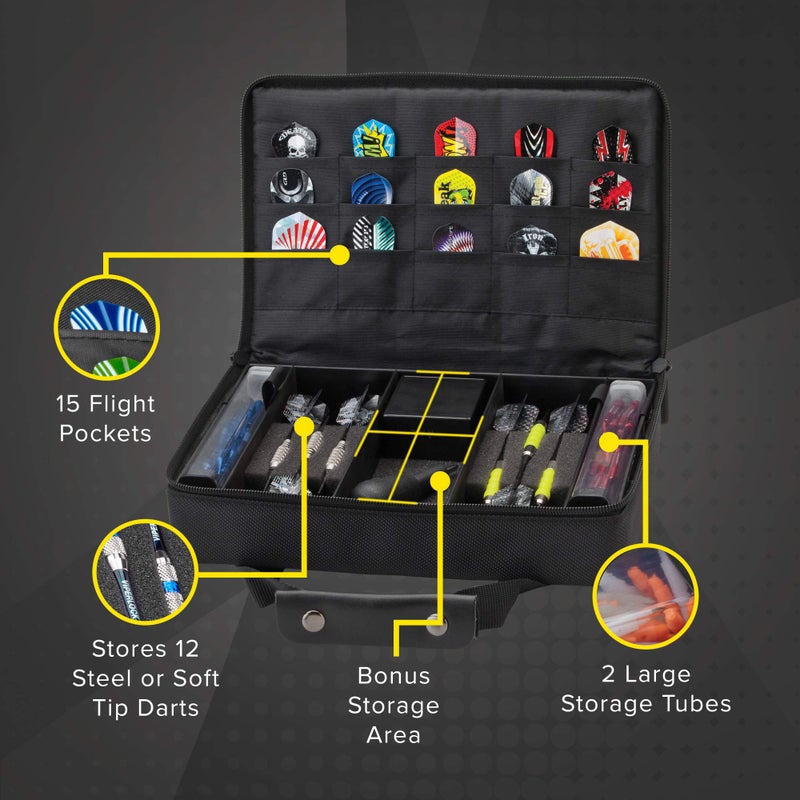 Casemaster Classic Nylon Dart Carrying Case for Steel and Soft Tip Darts, Holds 12 Darts Numerous Other Accessories via Generous Storage Pockets, Tubes and Boxes, Black - Image 2