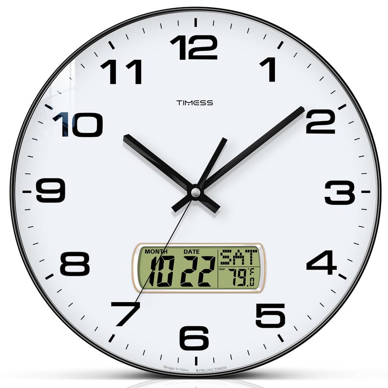 TIMESS Wall Clock, 12" Dial Non-Ticking Silent Battery Operated Analog with LCD Display for Perpetual Calendar and FÂ° Temperature, Ideal Modern Home, Bedroom, Kitchen, Office Decor (Black) - Image 1