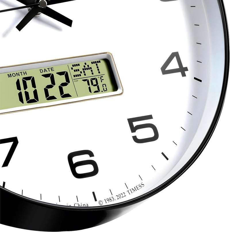 TIMESS Wall Clock, 12" Dial Non-Ticking Silent Battery Operated Analog with LCD Display for Perpetual Calendar and FÂ° Temperature, Ideal Modern Home, Bedroom, Kitchen, Office Decor (Black) - Image 3