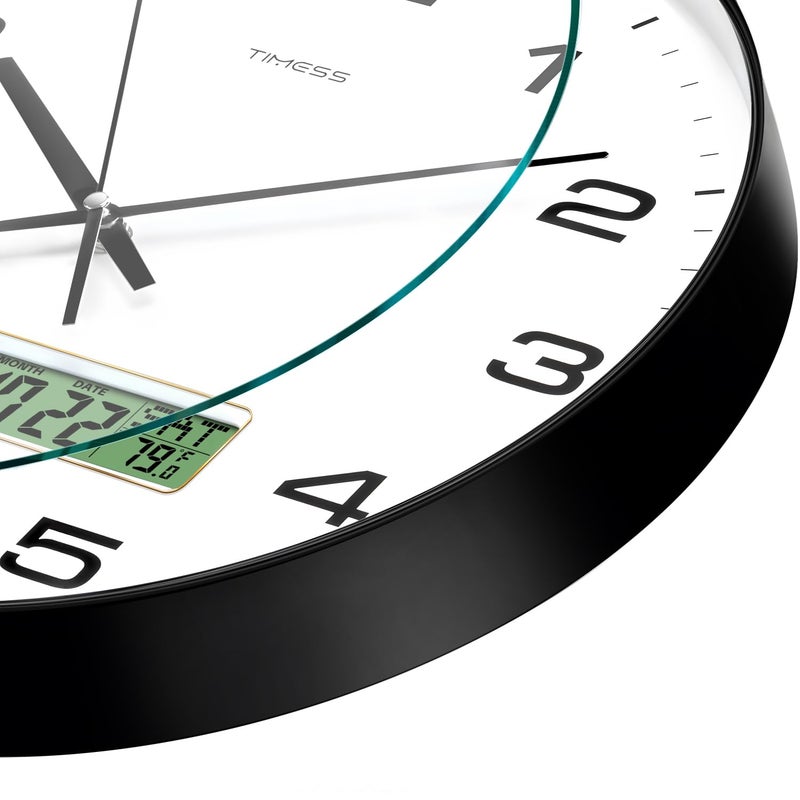TIMESS Wall Clock, 12" Dial Non-Ticking Silent Battery Operated Analog with LCD Display for Perpetual Calendar and FÂ° Temperature, Ideal Modern Home, Bedroom, Kitchen, Office Decor (Black) - Image 2
