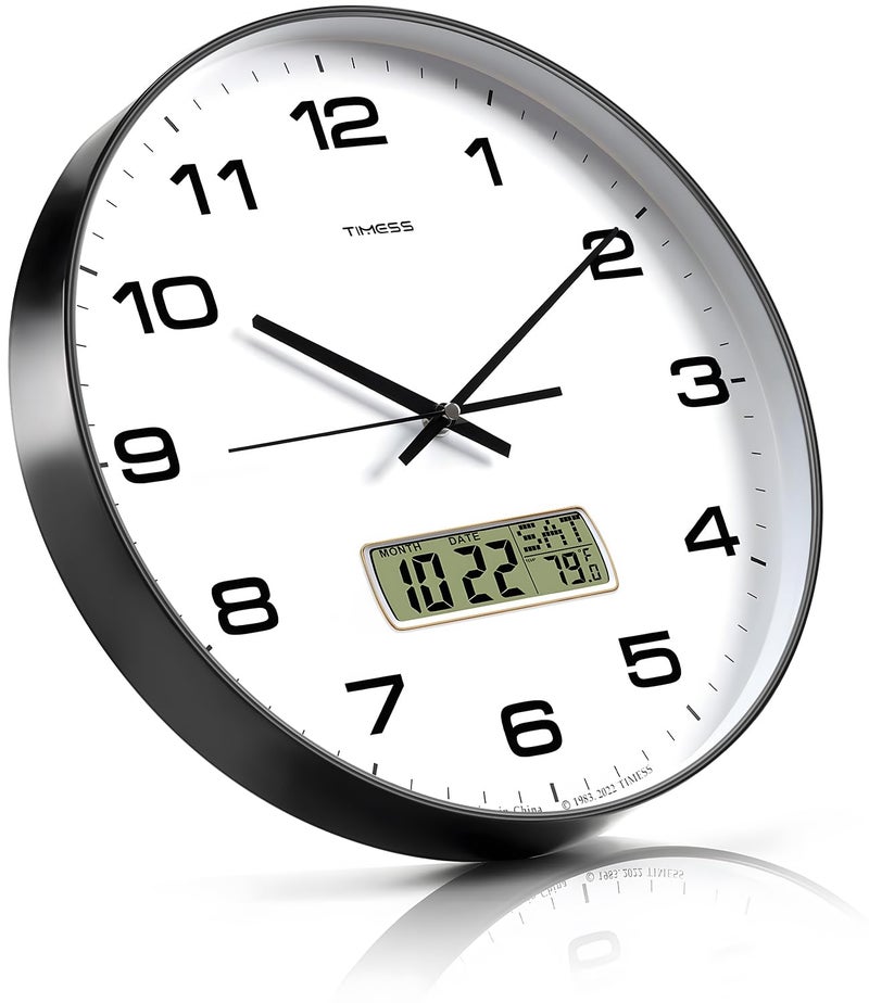 TIMESS Wall Clock, 12" Dial Non-Ticking Silent Battery Operated Analog with LCD Display for Perpetual Calendar and FÂ° Temperature, Ideal Modern Home, Bedroom, Kitchen, Office Decor (Black) - Image 4