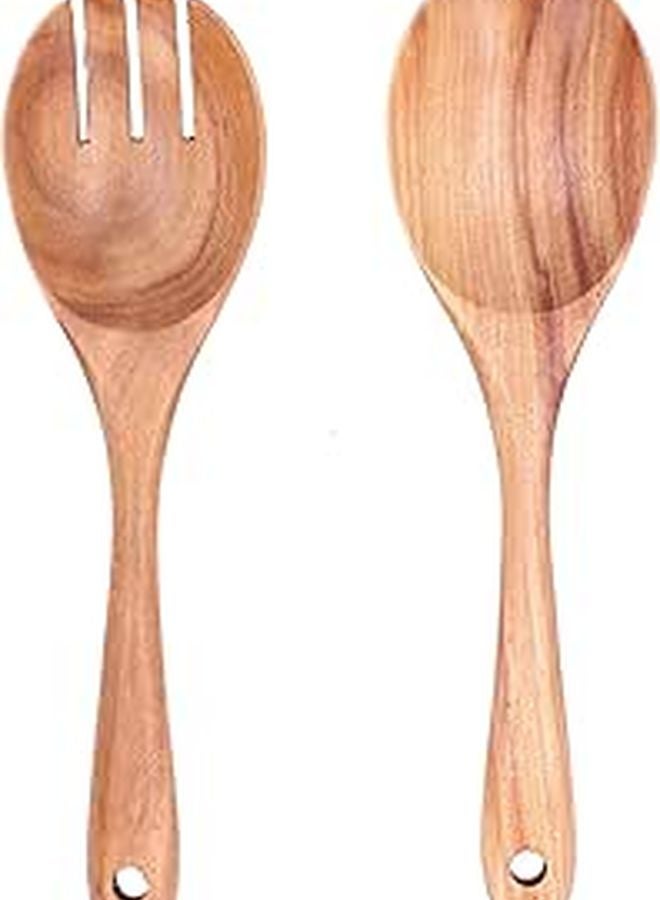 Wooden Spoon And Fork Set 2Pcs Kitchen Utensils With Hanging Holes - Image 1