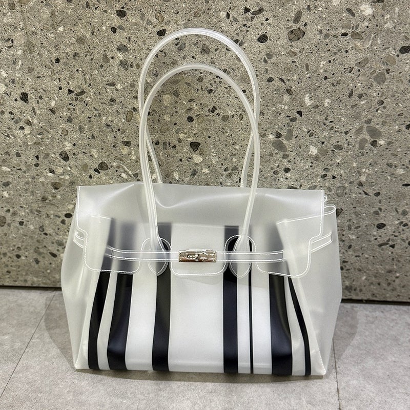 2026 New Korean TPU Striped Transparent Jelly Bag Women Large Capacity Waterproof Shoulder Tote Beach Bag - Image 1