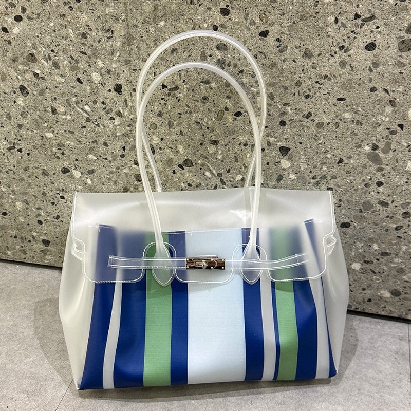 2026 New Korean TPU Striped Transparent Jelly Bag Women Large Capacity Waterproof Shoulder Tote Beach Bag - Image 2