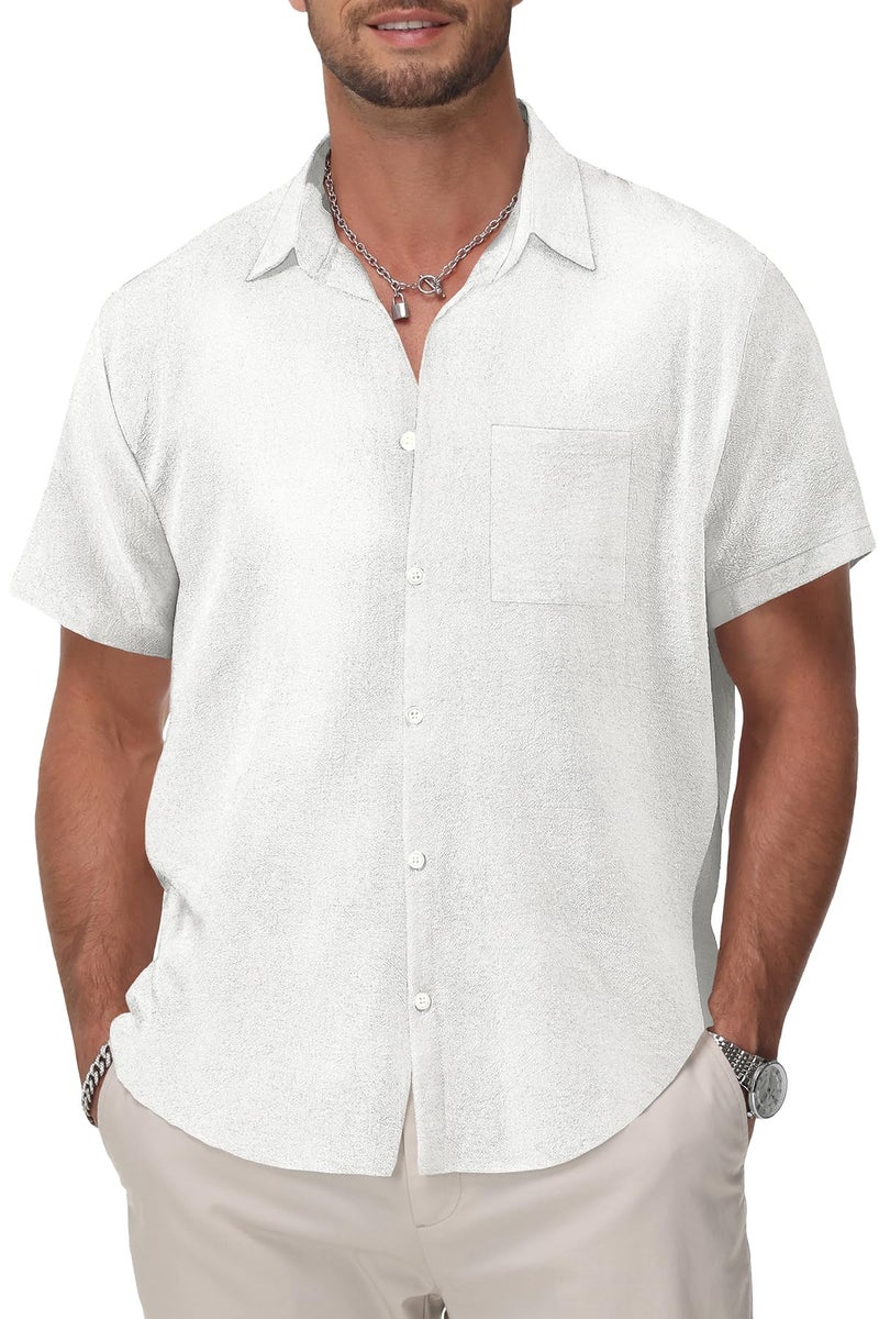 KYKU Casual Shirts for Men: Cotton Button Short Sleeve Beach Clothes White L - Image 1