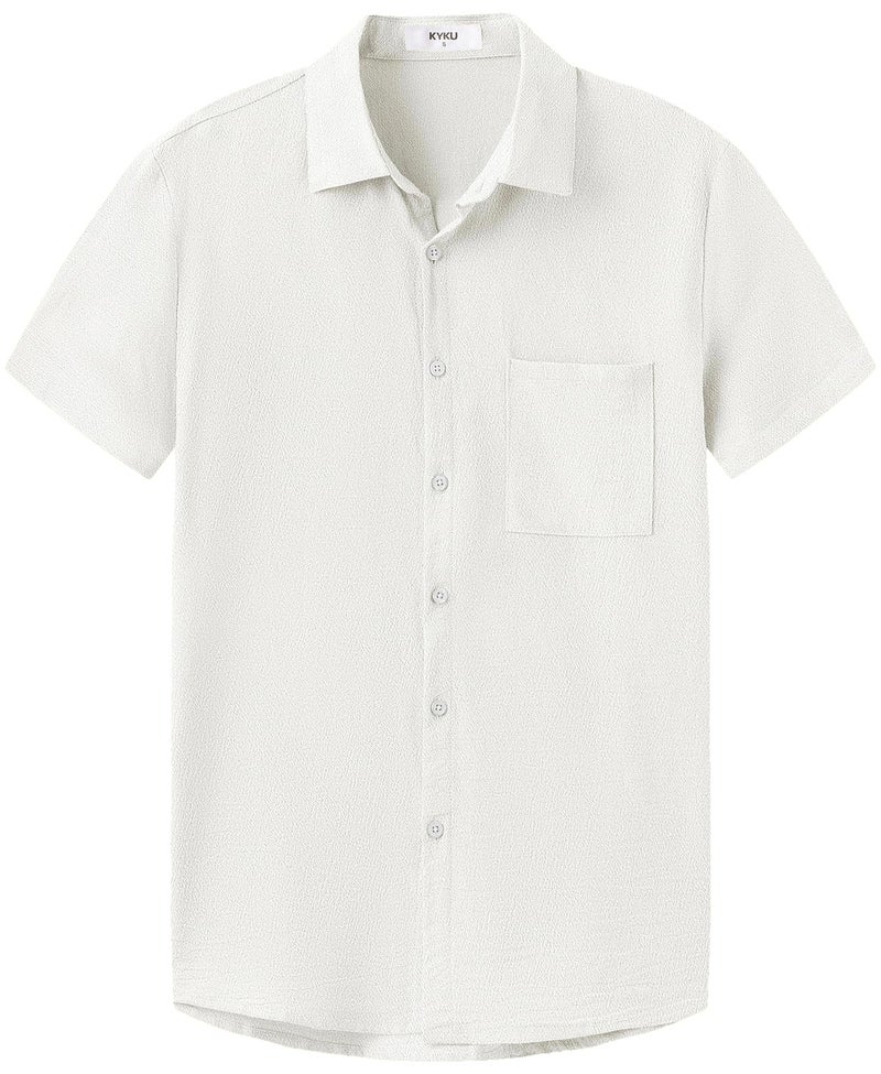 KYKU Casual Shirts for Men: Cotton Button Short Sleeve Beach Clothes White L - Image 3