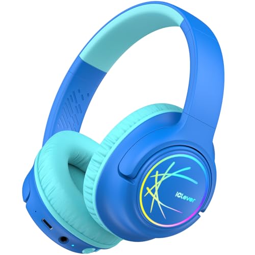 iClever Kids Bluetooth Headphones with LED Lights 43H Playtime TypeC Fast Charging BTH18 Safe Volume 7485dBA Bluetooth53Toddler Headphones Aux Cord for iPadTabletTravelSchool Blue - Image 1