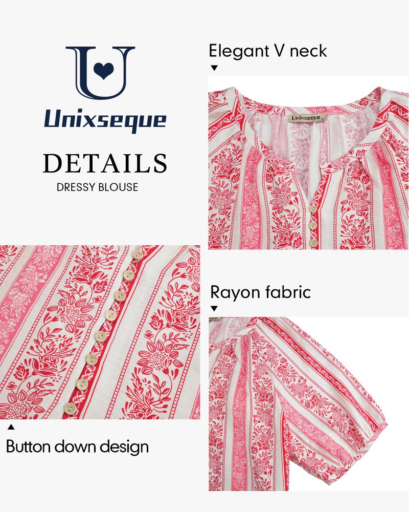 Unixseque Summer Tops for Women 2025: Womens Blouses Floral Print Trendy Casual - Flowy Tops for Women - Vacation Outfits Ladies Business Casual Spring Outfits Peasant Blouses - Image 5