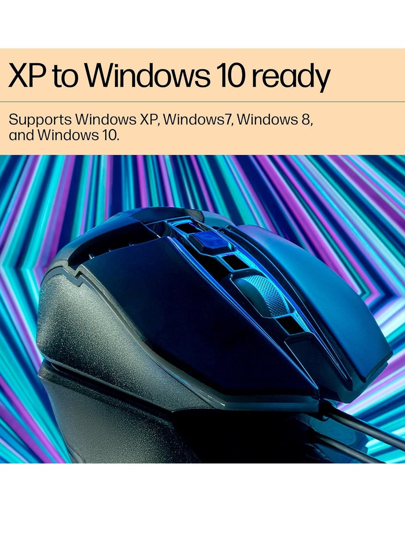 HP - M270 Wired Gaming Mouse, 6 Buttons, 2400 DPI, Advanced Optical Engine, Ergonomic, Ergonomic Design - Black - Image 1