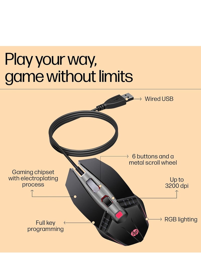 HP - M270 Wired Gaming Mouse, 6 Buttons, 2400 DPI, Advanced Optical Engine, Ergonomic, Ergonomic Design - Black - Image 1