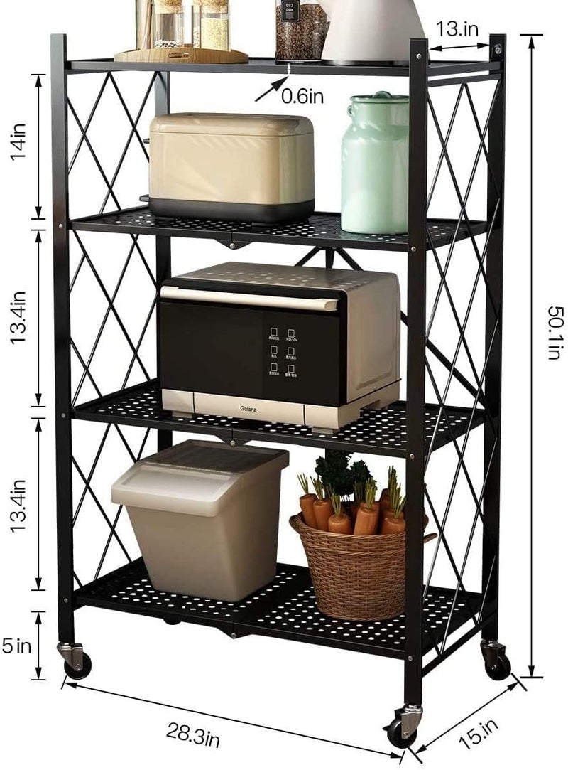 Leostar 4 Layer Shelf Foldable Storage Shelving Unit with Wheels, Metal Storage Rack Display Rack for Garage Kitchen Pantry Closet Laundry, Black 4Layershelf, STR-4326, 4-shelf - Image 3