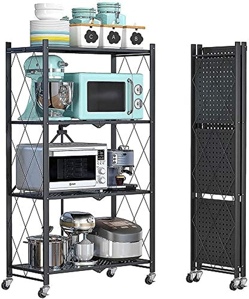 Leostar 4 Layer Shelf Foldable Storage Shelving Unit with Wheels, Metal Storage Rack Display Rack for Garage Kitchen Pantry Closet Laundry, Black 4Layershelf, STR-4326, 4-shelf - Image 1
