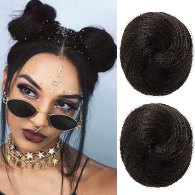REECHO Space Bun Hair Pieces, 2 PCS Mini Claw Clip in Messy & Cat Ears Fake Hair Bun Extensions HB001 Wig Accessory Updo Hairpieces for Women (Pack of 2-3" Straight, Black Brown) - Image 1