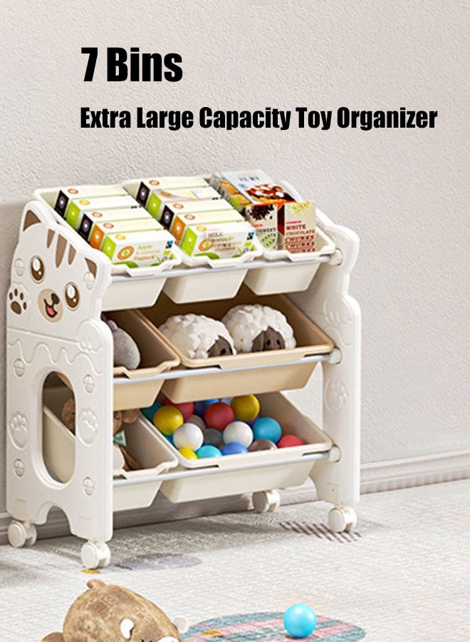 Hanayo Toys Organizer Kids Toy Storage Organizer 7 Storage Bins Extra Large Capacity Best Toy Organizer with Wheels Multifunctional Toy Box and Storage Rack Nursery and Kids Room Boys Girls(Beige) - Image 2
