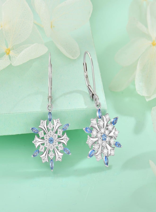 FJ Snowflake Earrings for Women 925 Sterling Silver Aquamarine Dangle Drop Earrings Winter Frozen Christmas Jewelry - Image 4