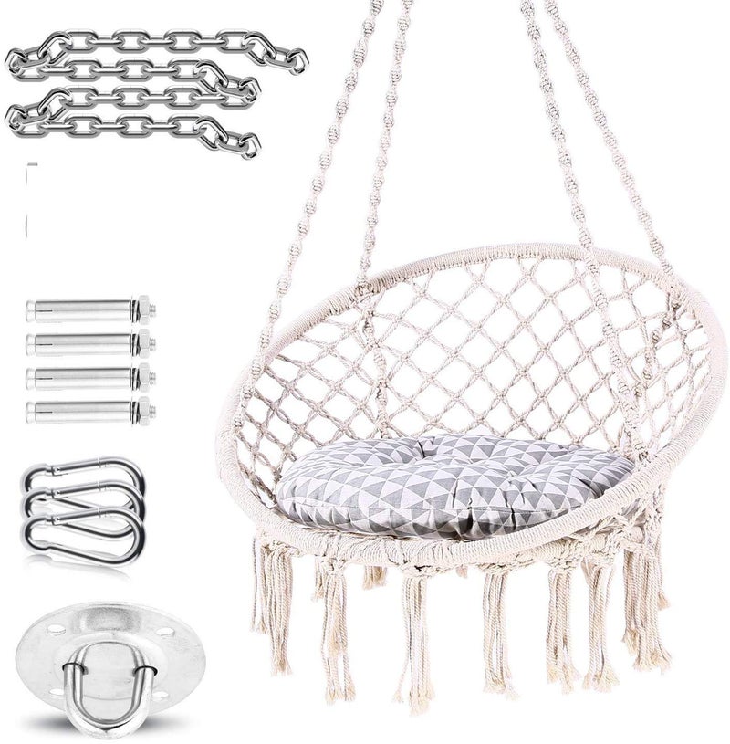 DD FC Hammock Chair Macrame Swing -Hanging Cotton Rope Hammock Swing Chair for Indoor and Outdoor Use,Handmade Knitted Cotton Rope Hanging Chair(White) - Image 1