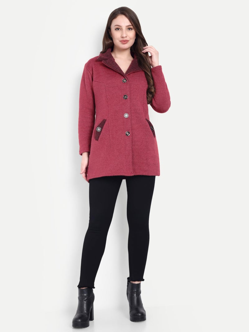 Matelco Womens Woollen Collared Coat Cardigan (IN, Alpha, M, Regular, Cherry Pink) - Image 5