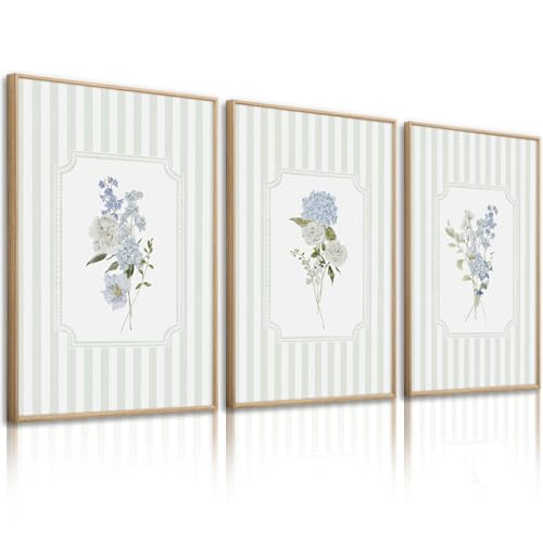 Tanmart Blue Hydrangea Wall Art Floral Canvas Prints Sage Green Striped Wall Decor Botanical Pictures Chinoiserie Flower Painting Watercolor Poster Wildflower Artwork for Living Room 12x16x3 Inch Unframed - Image 1