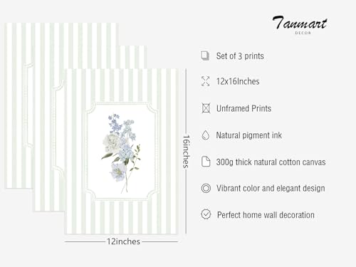 Tanmart Blue Hydrangea Wall Art Floral Canvas Prints Sage Green Striped Wall Decor Botanical Pictures Chinoiserie Flower Painting Watercolor Poster Wildflower Artwork for Living Room 12x16x3 Inch Unframed - Image 2