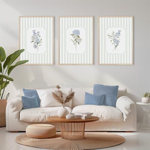 Tanmart Blue Hydrangea Wall Art Floral Canvas Prints Sage Green Striped Wall Decor Botanical Pictures Chinoiserie Flower Painting Watercolor Poster Wildflower Artwork for Living Room 12x16x3 Inch Unframed - Image 3
